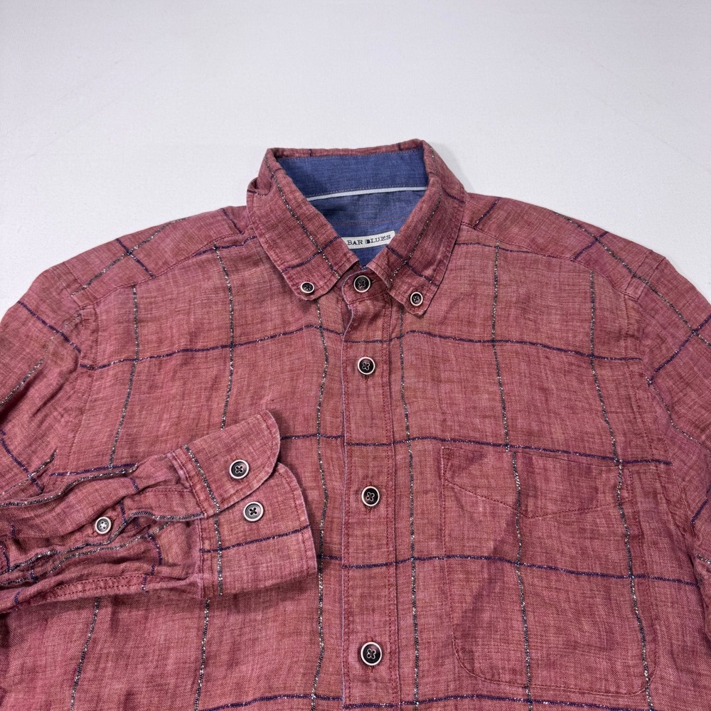 32 Bar Blues Mens Medium Linen Blend Button Down Shirt Red Plaid Lurex Metallic